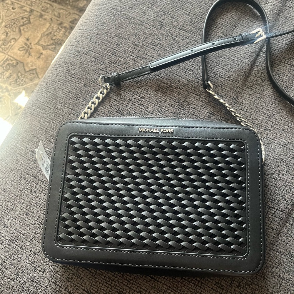 Michael Kors Black Woven Crossbody Bag Jet Set NWT